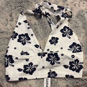 Garage White and Navy Halter Crop Top